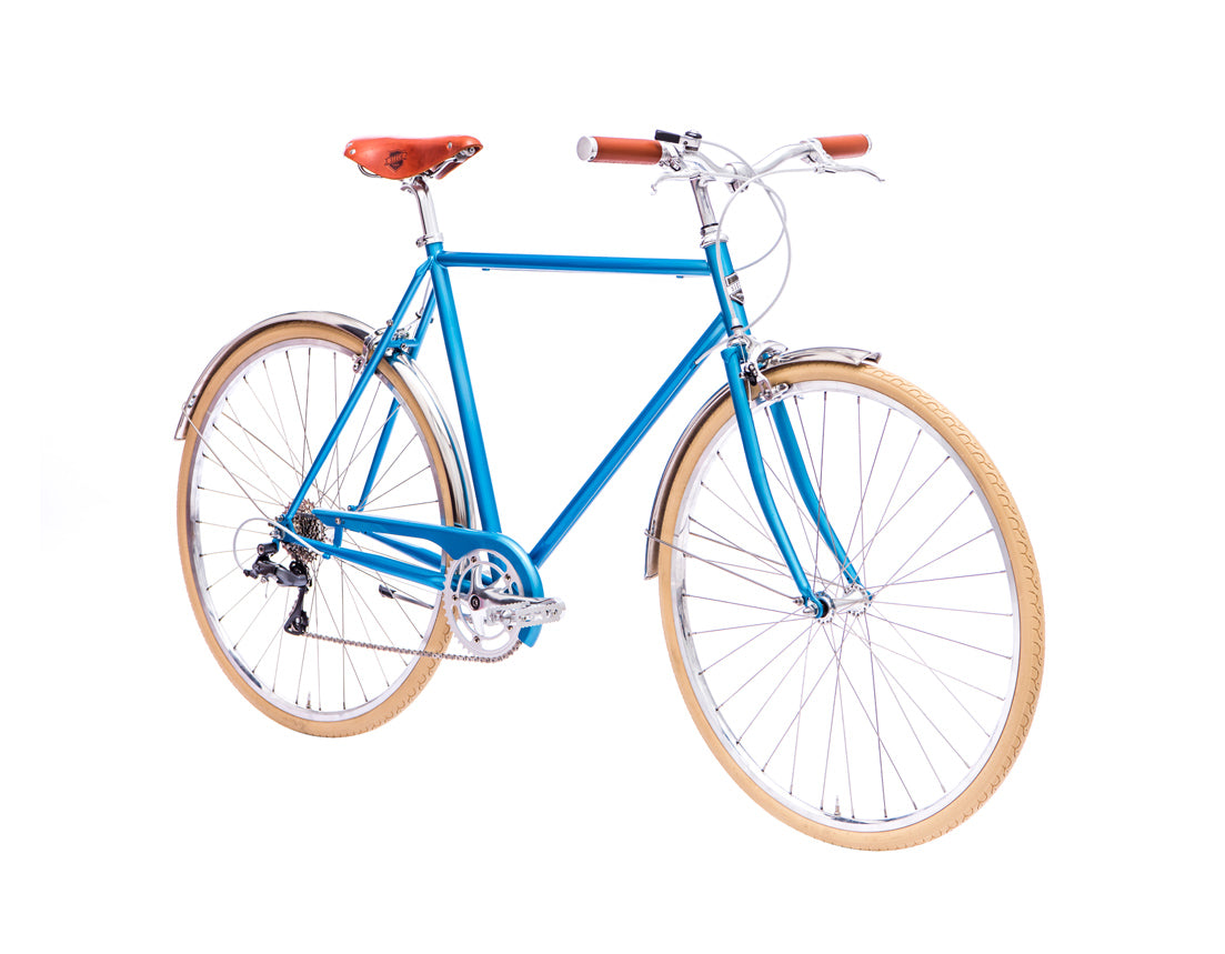 Light blue bike with basket outlet
